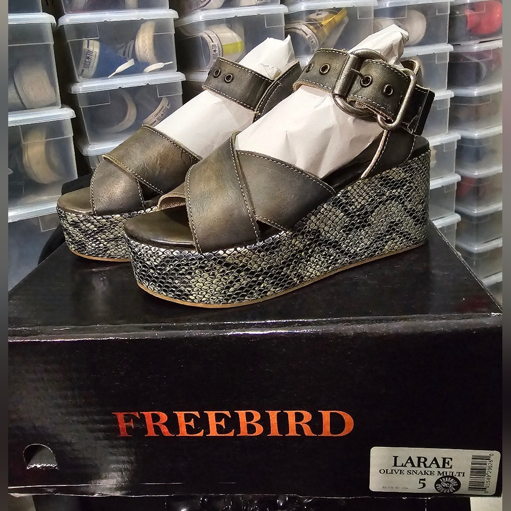 Freebird by Steven Olive Snake Multi Wedge Sandals